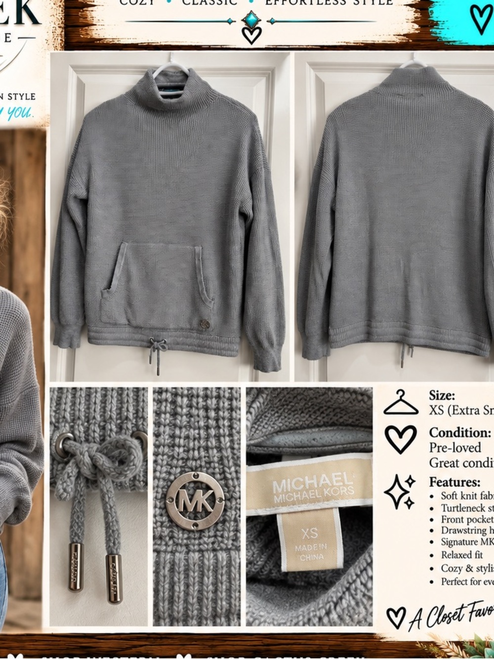 Michael Kors Gray Cozy Turtleneck Drawstring Sweater